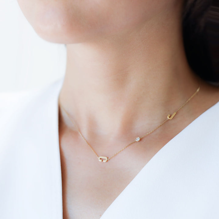 14K Solid Gold Diamond Initial Necklace with Bezel-Set Pendant