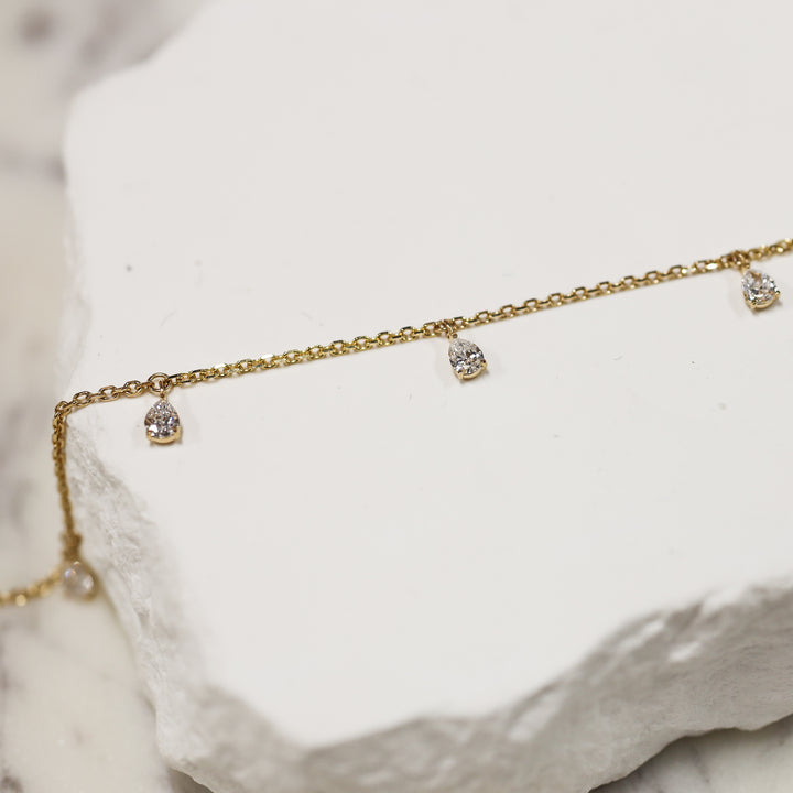 5 Pear Cut Diamond Dangling 14K Solid Gold Necklace
