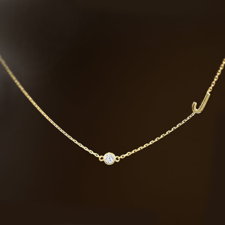 14K Solid Gold Diamond Initial Necklace with Bezel-Set Pendant