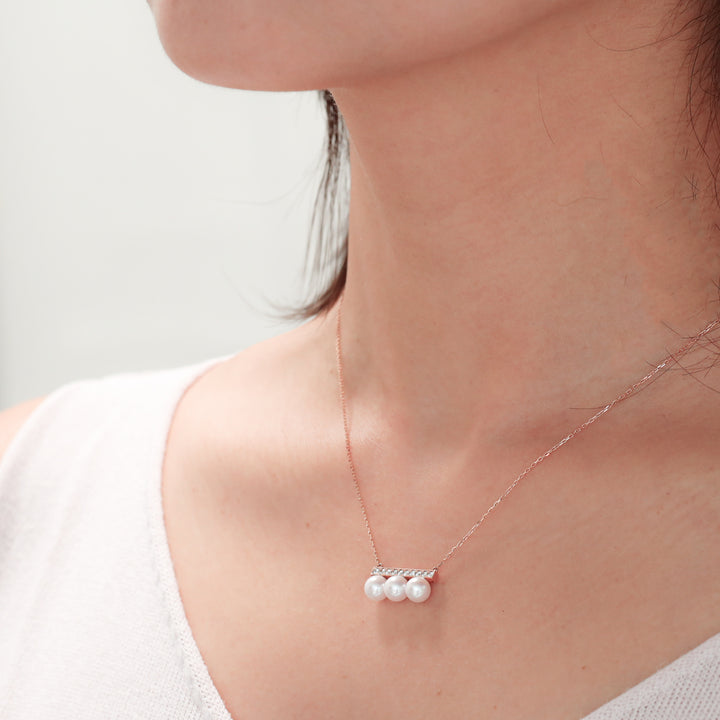 14K Solid Gold Diamond Pearl Bar Necklace – Elegant Lab Diamond Pendant