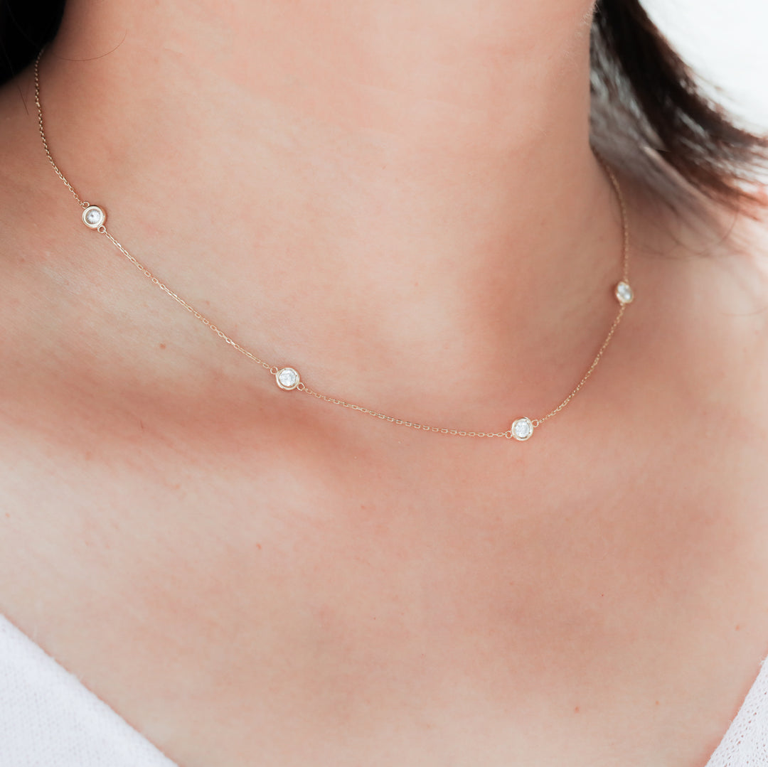 5 Stone Bezel Necklace, 14K 5 Diamond By the Yard Necklace 0.5 ct.