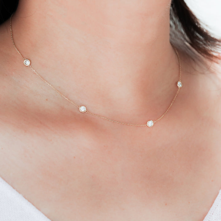 5 Stone Bezel Necklace, 14K 5 Diamond By the Yard Necklace 0.5 ct.