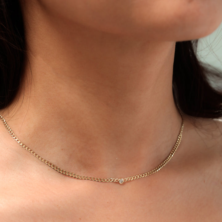 14K Gold Bezel Diamond Flat Cuban Chain Necklace – Minimalist Choker