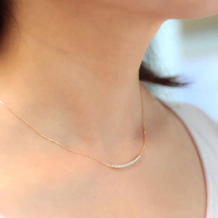 Diamond Bar Necklace – Dainty Curved Bar Necklace in 14K Solid Gold