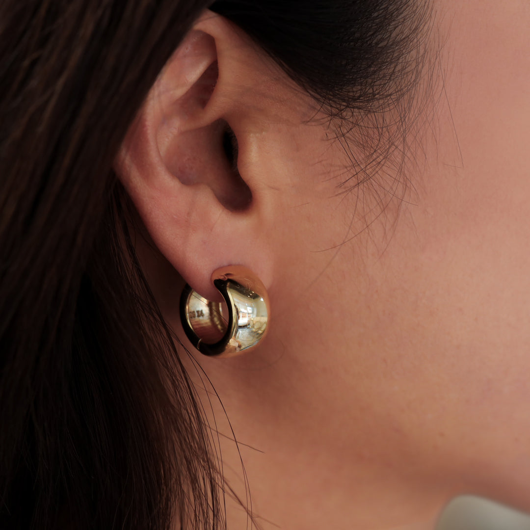 Domed Huggie Thick Chunky Hoop Earrings in 14K Solid Gold Large