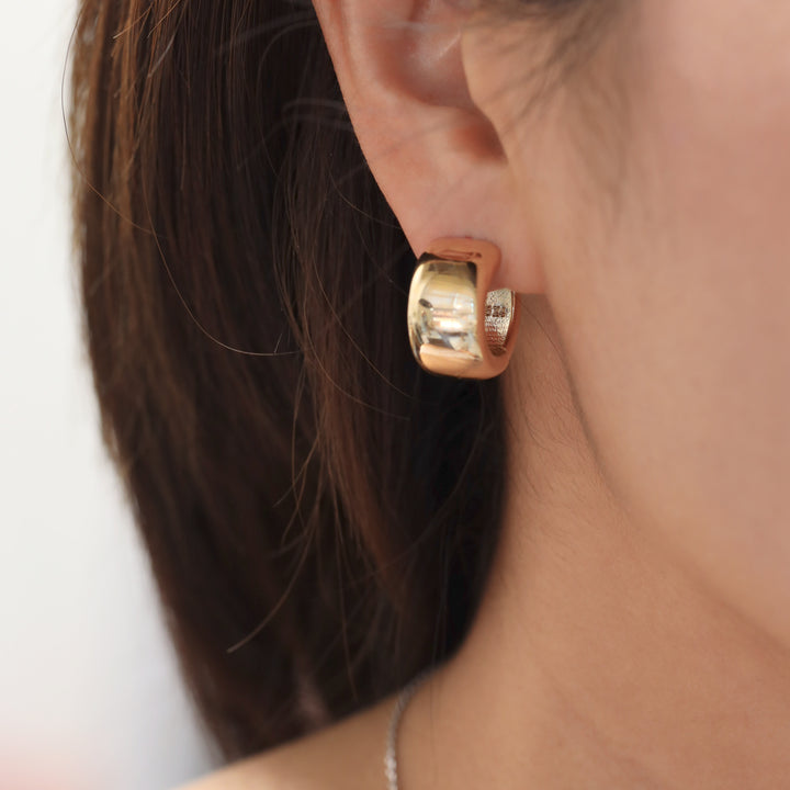 Domed Huggie Thick Chunky Hoop Earrings in 14K Solid Gold Large