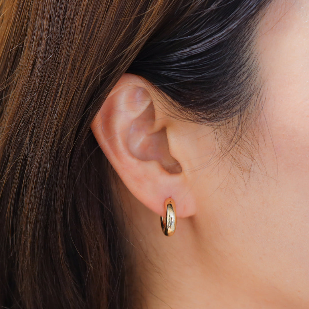 Domed Huggie Thick Chunky Hoop Earrings in 14K Solid Gold Small