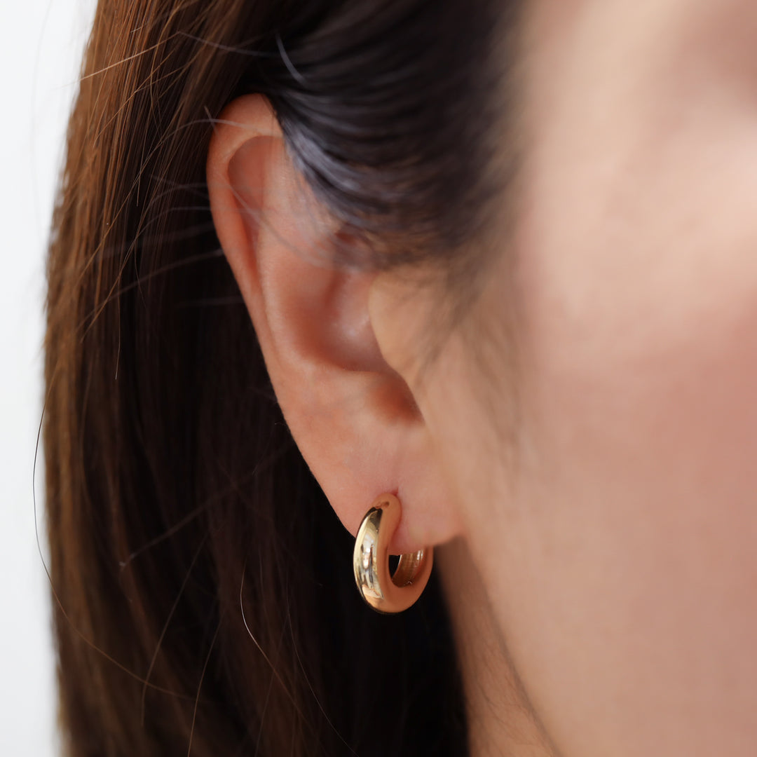 Domed Huggie Thick Chunky Hoop Earrings in 14K Solid Gold Small