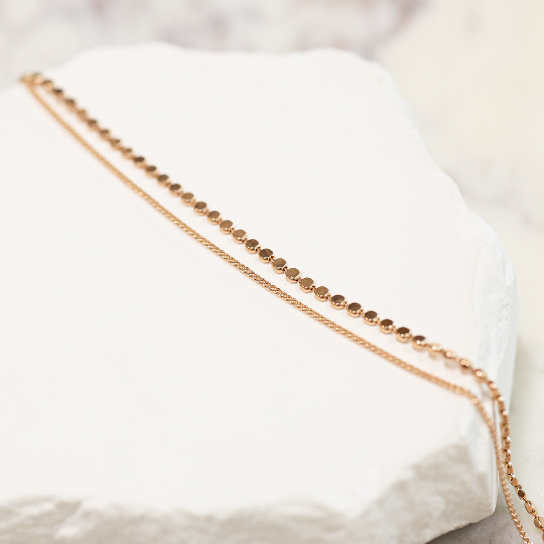 Flat Beads & Chain Double 14K Solid Gold Bracelet