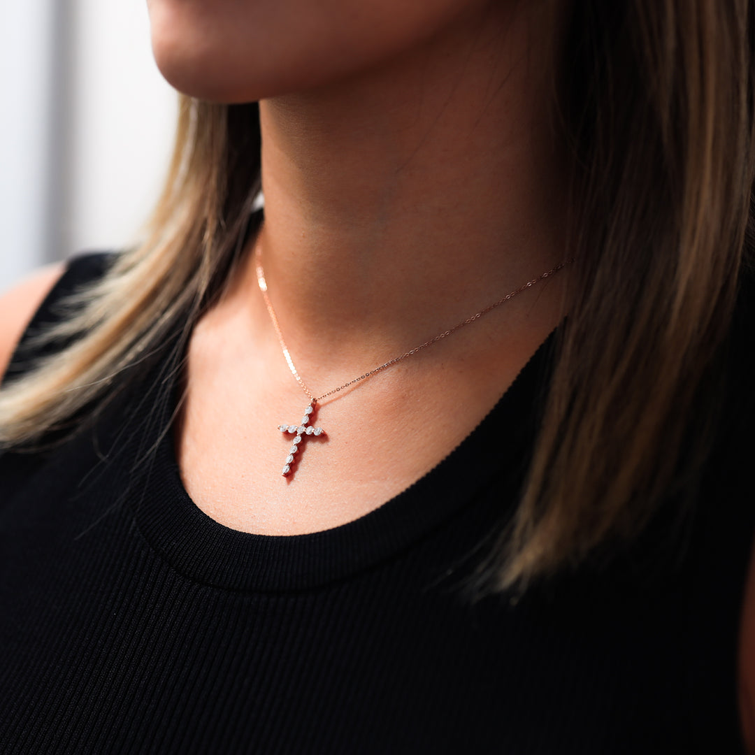 Round Lab-Grown Diamond Floating Cross Pendant Necklace - 2 sizes