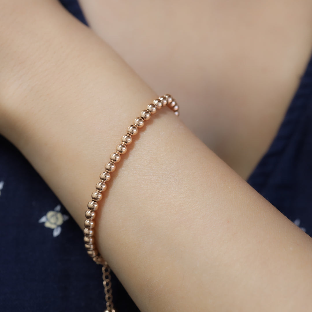 Beads Ball Chain 14K Solid Gold Bracelet - 4mm (Optional Heart Charm)