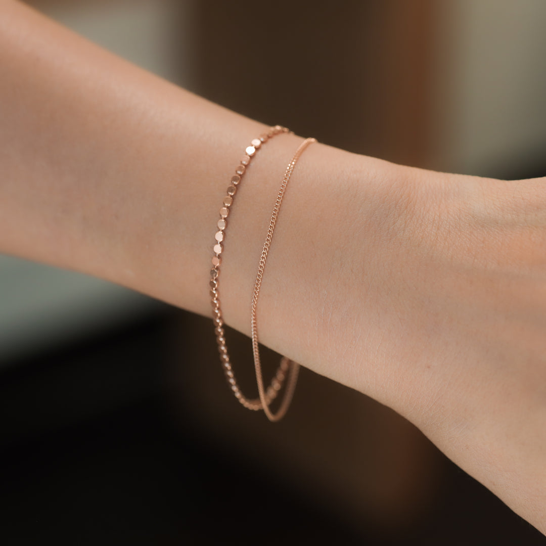 Flat Beads & Chain Double 14K Solid Gold Bracelet