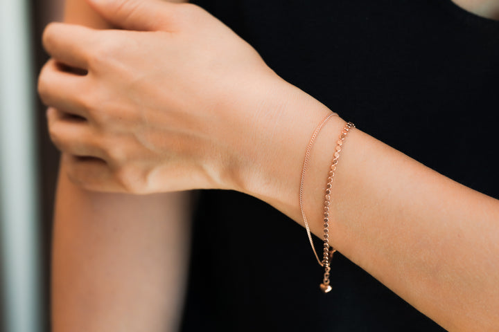 Flat Beads & Chain Double 14K Solid Gold Bracelet