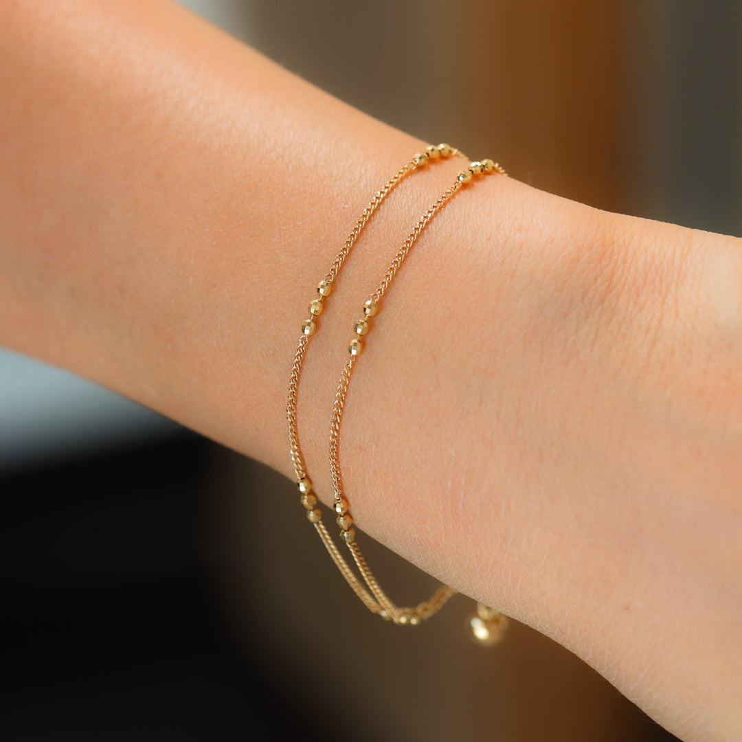 Double Chain Bracelet - Triple Textured Bead Accents (Optional Heart Charm)