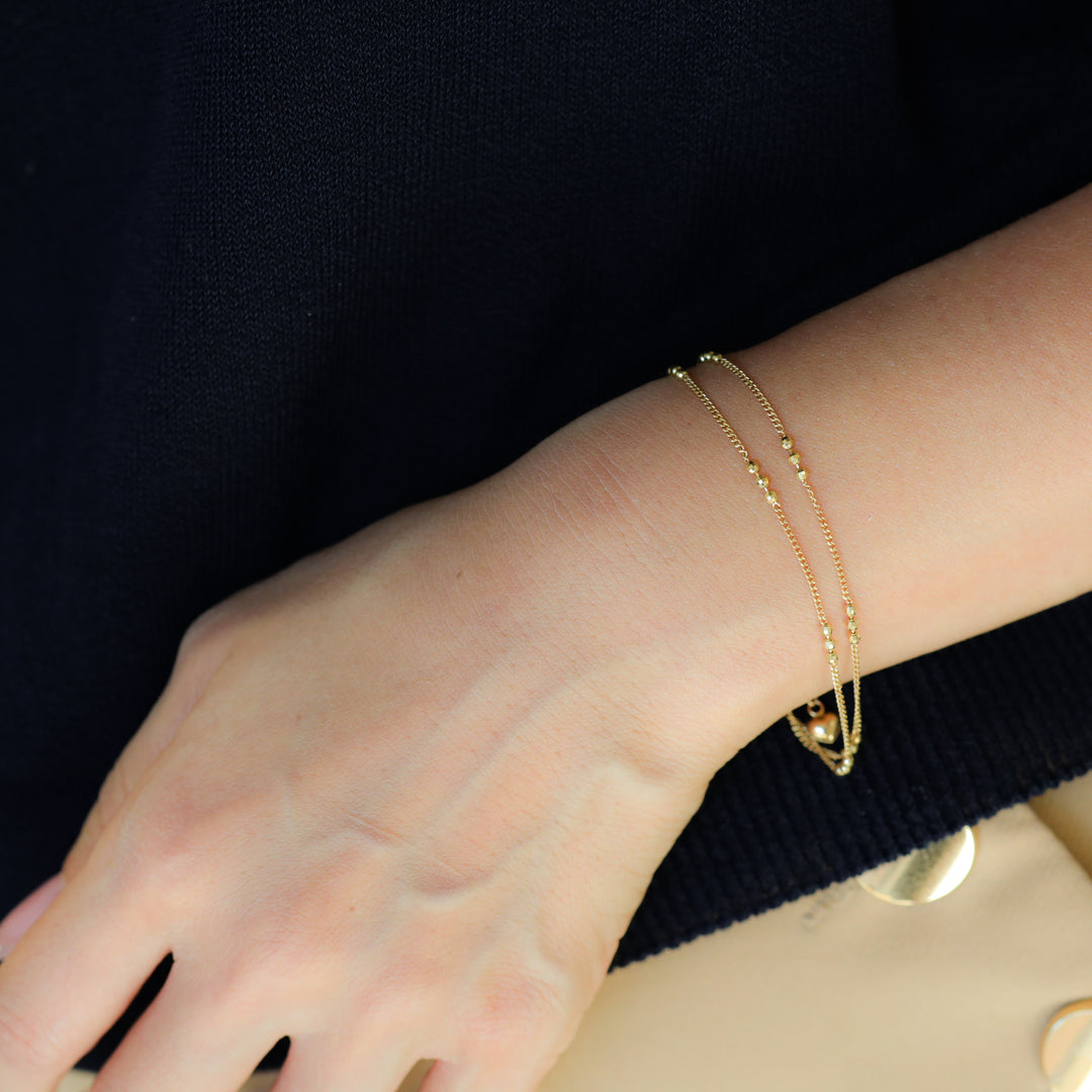 Double Chain Bracelet - Triple Textured Bead Accents (Optional Heart Charm)