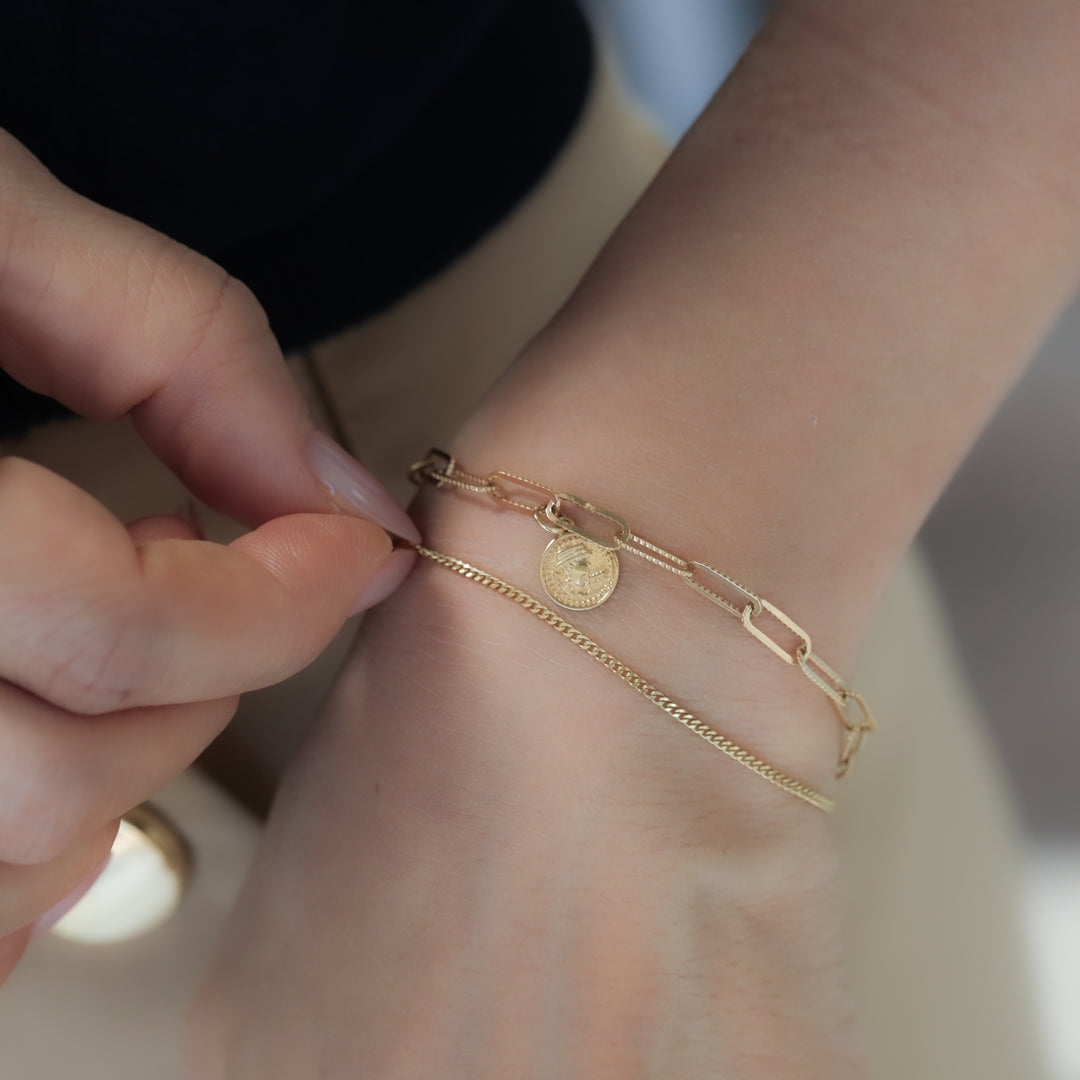 Double Chain Coin Charm Bracelet – Paperclip & Rolo Flat Chain in 14K Gold