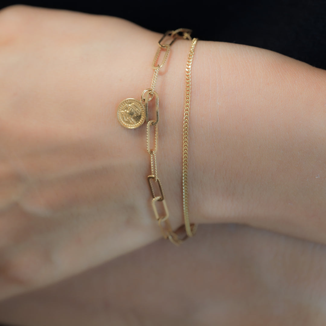 Double Chain Coin Charm Bracelet – Paperclip & Rolo Flat Chain in 14K Gold