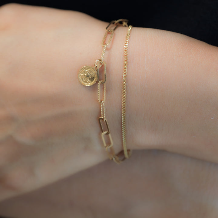 Double Chain Coin Charm Bracelet – Paperclip & Rolo Flat Chain in 14K Gold