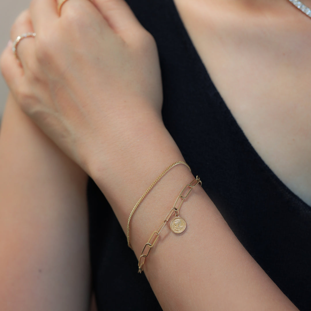 Double Chain Coin Charm Bracelet – Paperclip & Rolo Flat Chain in 14K Gold