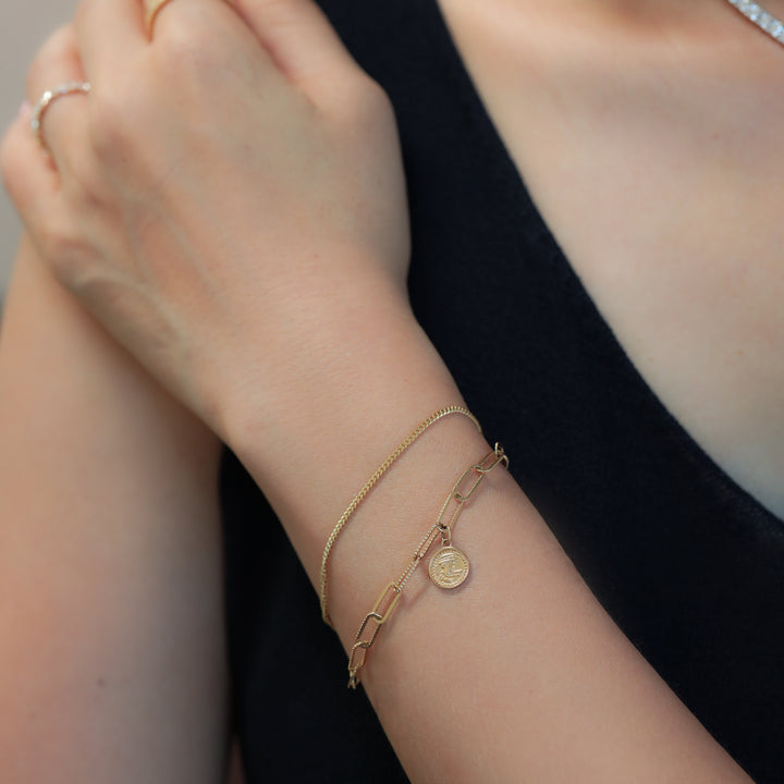 Double Chain Coin Charm Bracelet – Paperclip & Rolo Flat Chain in 14K Gold