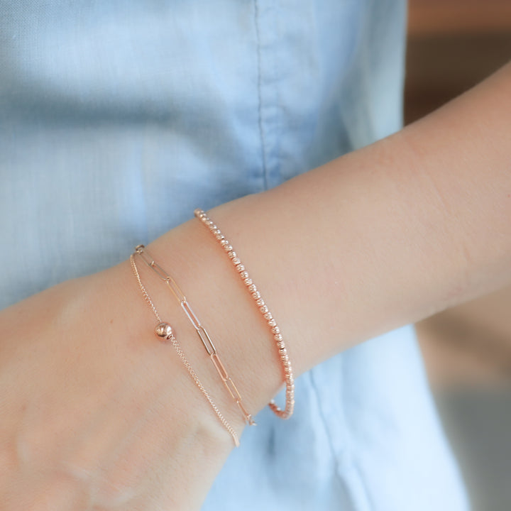 Double Chain Bracelet – Paperclip & Flat Rolo Chain with Ball Bead Charm