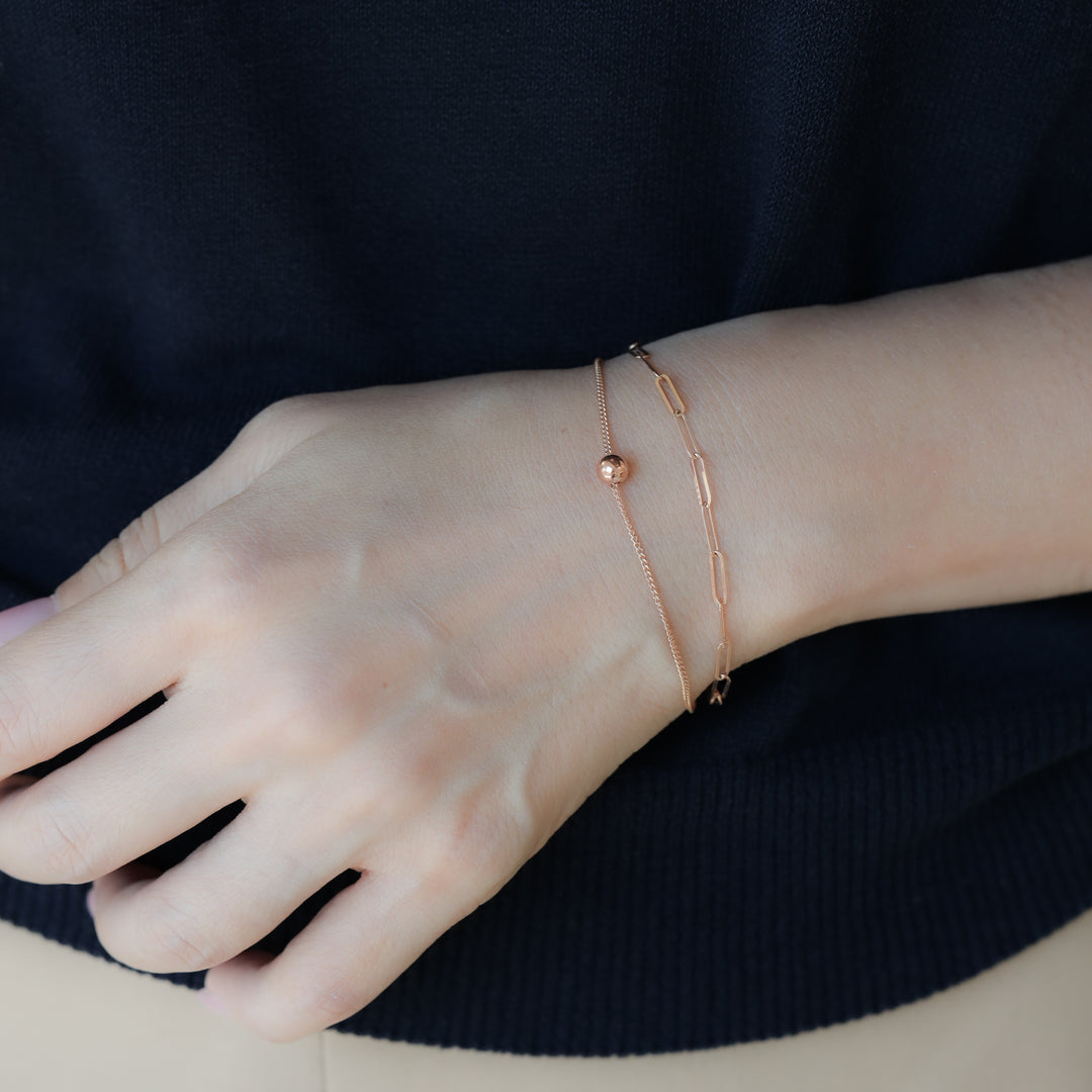 Double Chain Bracelet – Paperclip & Flat Rolo Chain with Ball Bead Charm