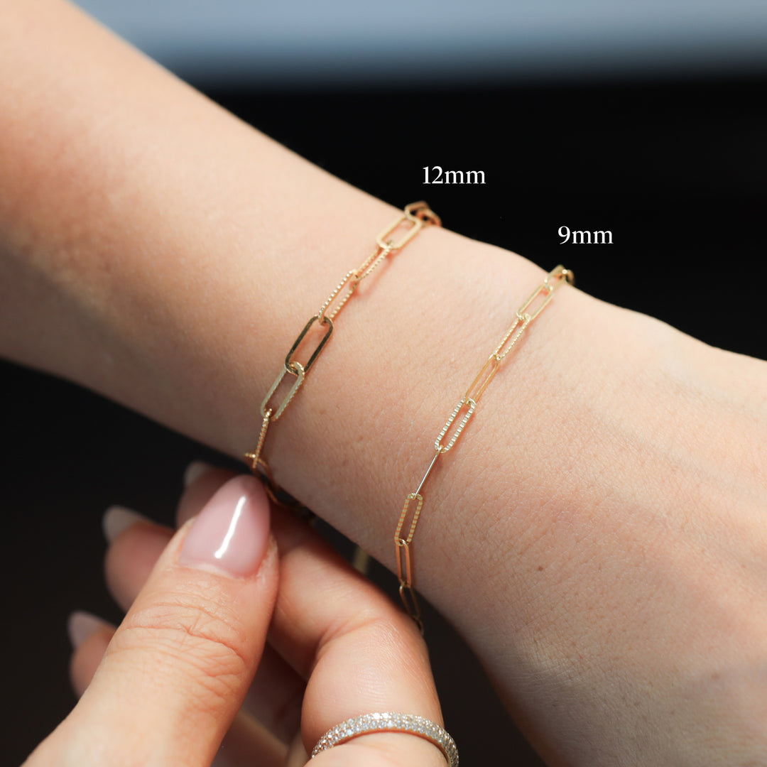 Mini Glitter Paper Clip Bracelet – 14K Solid Gold Dainty Adjustable Chain (9mm Links)