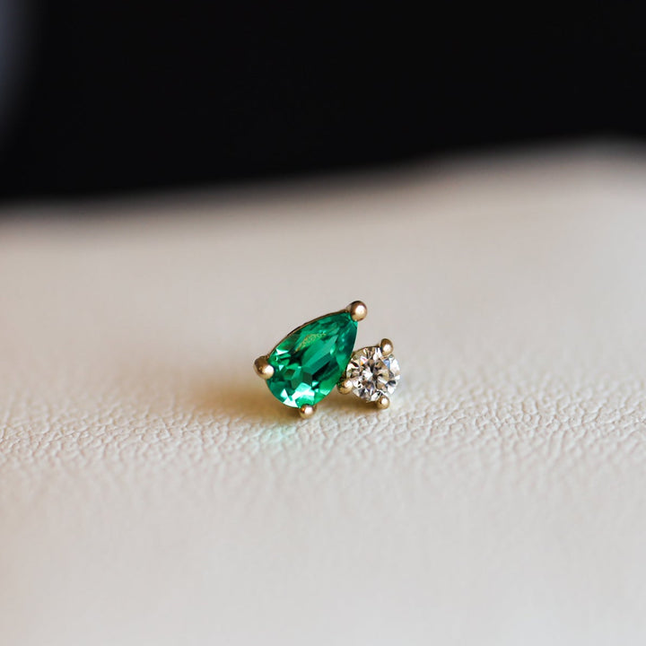 Pear-Cut Emerald & Round Lab Diamond Stud Earrings – 14K Solid Gold (Single or Pair)