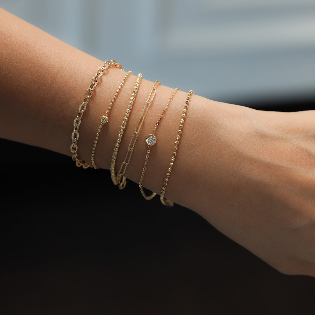 Mini Glitter Paper Clip Bracelet – 14K Solid Gold Dainty Adjustable Chain (9mm Links)