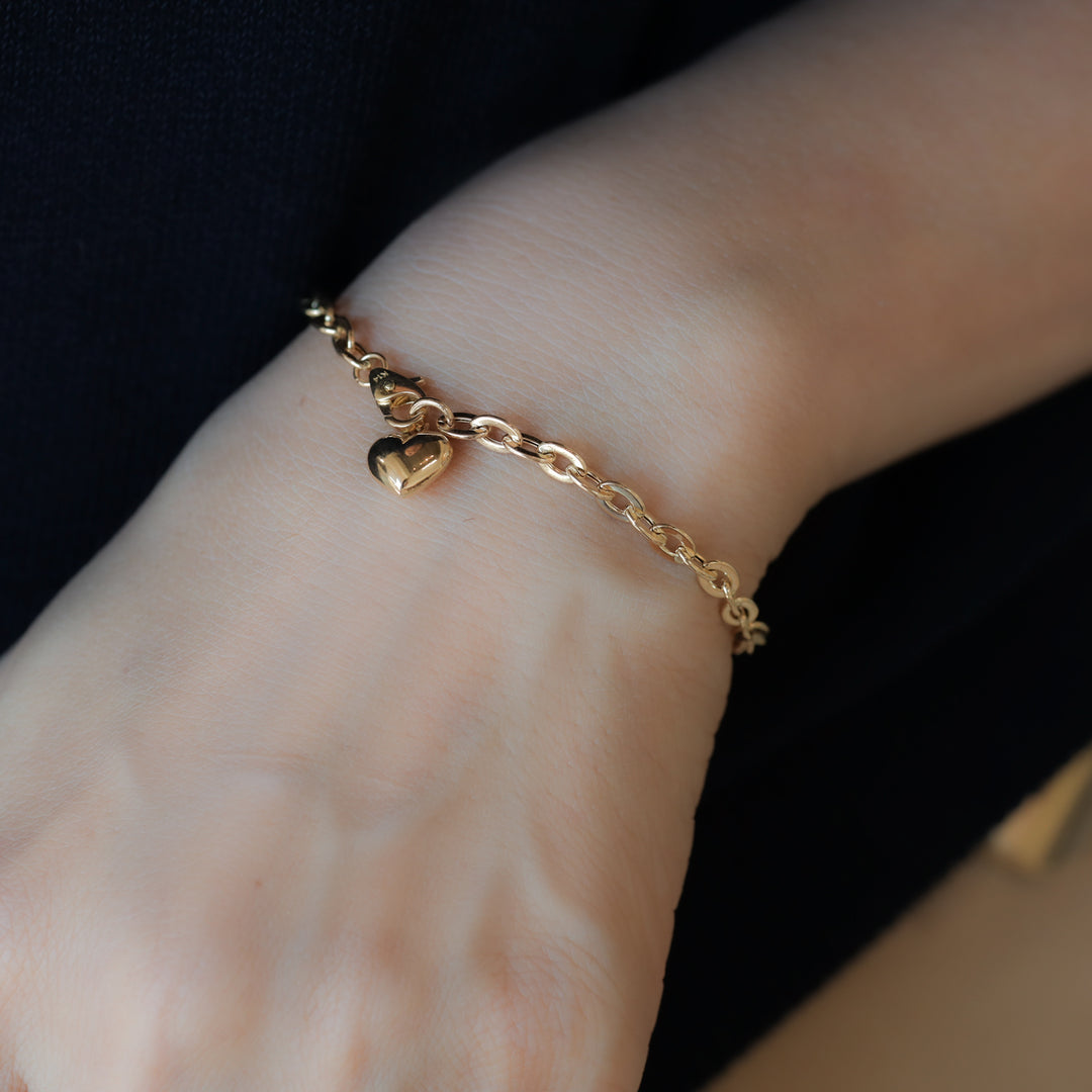 Link Chain 14K Gold Bracelet with Heart Charm