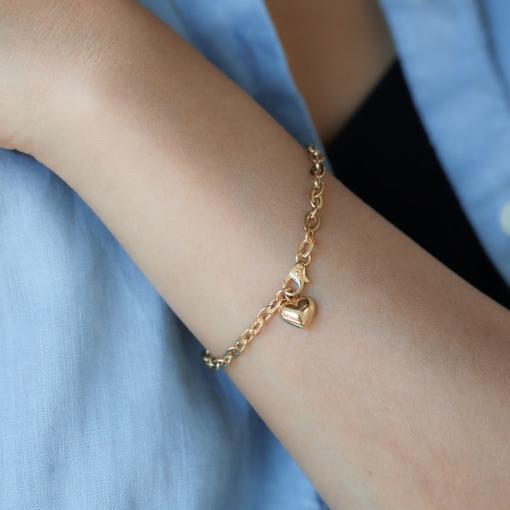Link Chain 14K Gold Bracelet with Heart Charm