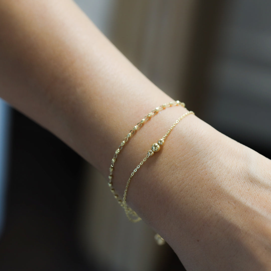 Dual Chain Bracelet with Triple Bold Bead Accent – Rolo Chain & Rain-cut Beads Bracelet in 14K Solid Gold (Optional Heart Charm)