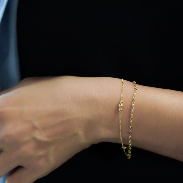 Dual Chain Bracelet with Triple Bold Bead Accent – Rolo Chain & Rain-cut Beads Bracelet in 14K Solid Gold (Optional Heart Charm)
