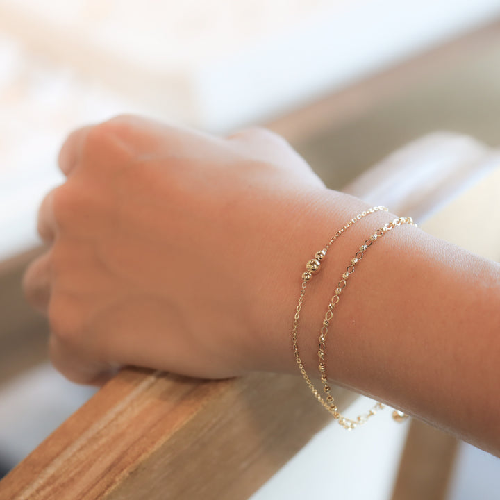 Dual Chain Bracelet with Triple Bold Bead Accent – Rolo Chain & Rain-cut Beads Bracelet in 14K Solid Gold (Optional Heart Charm)