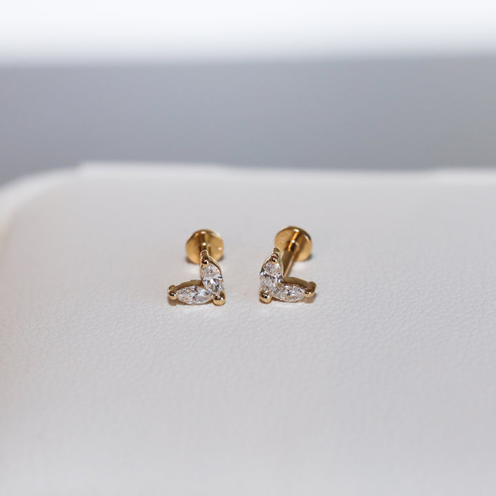 V-Shape Marquise Lab Diamond Leaf Stud Earrings in 14K Solid Gold – Single or Pair