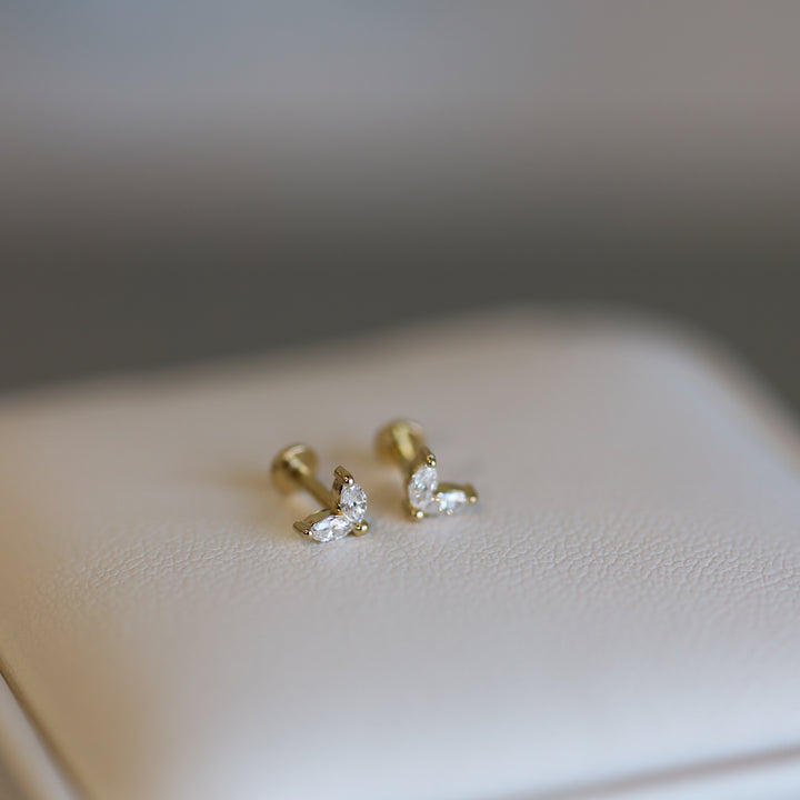 V-Shape Marquise Lab Diamond Leaf Stud Earrings in 14K Solid Gold – Single or Pair