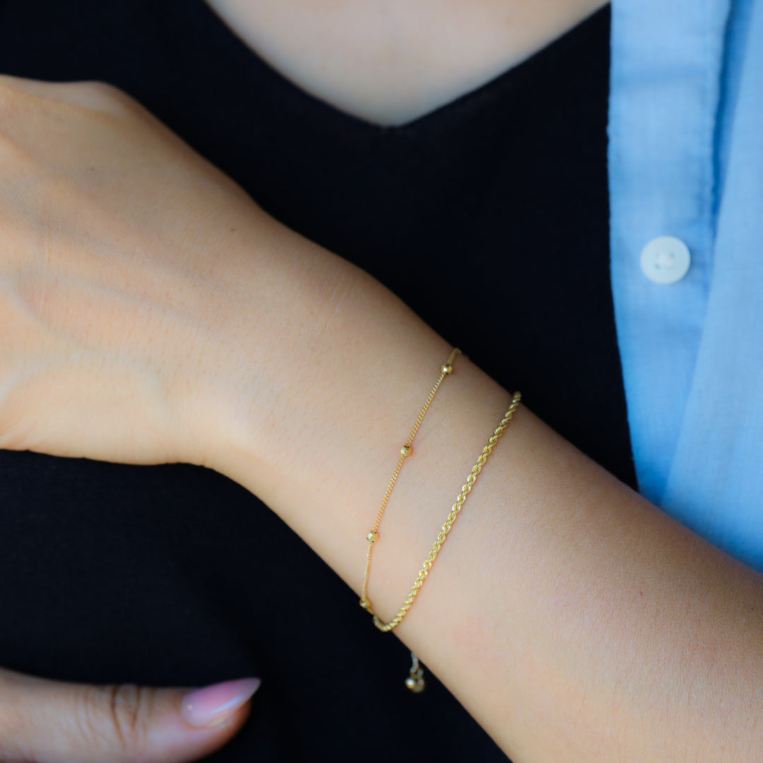 Double Rope Chain and Bead Strand 14K Gold Bracelet (Optional Heart Charm)