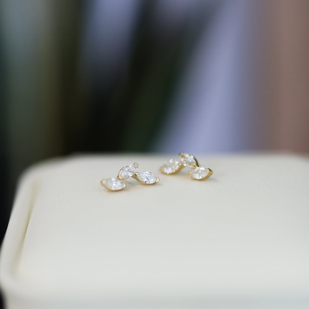 3 Marquise Lab Diamond Leaf Stud Earrings in 14K Solid Gold – Single or Pair