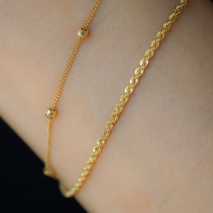 Double Rope Chain and Bead Strand 14K Gold Bracelet (Optional Heart Charm)