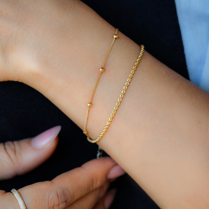 Double Rope Chain and Bead Strand 14K Gold Bracelet (Optional Heart Charm)
