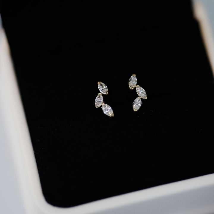 3 Marquise Lab Diamond Leaf Stud Earrings in 14K Solid Gold – Single or Pair