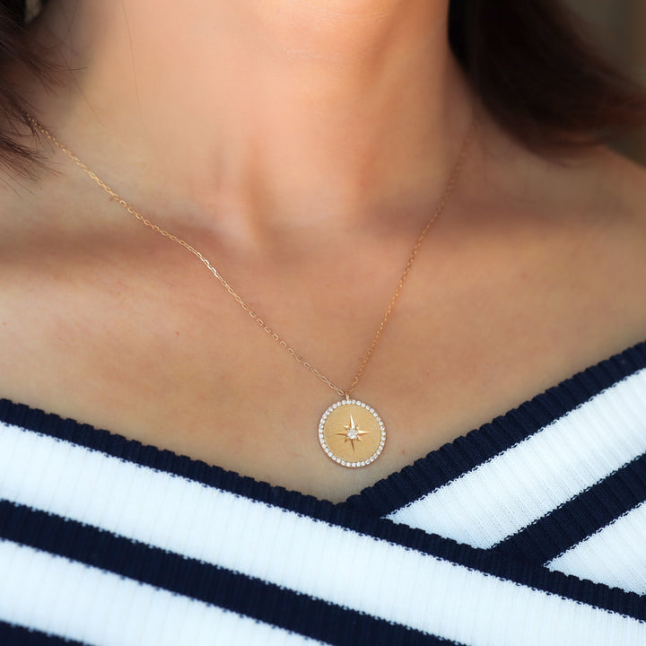 Polaris Diamond Pendant Necklace – 14K Gold Star Disc Charm for Layering