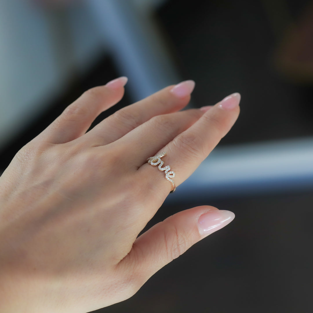 LOVE Diamond Script Letter Ring – 14K Solid Gold Script Band