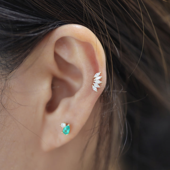 Five Petal Lotus Marquise Lab Diamond Stud 14K Solid Gold – Single or Pair