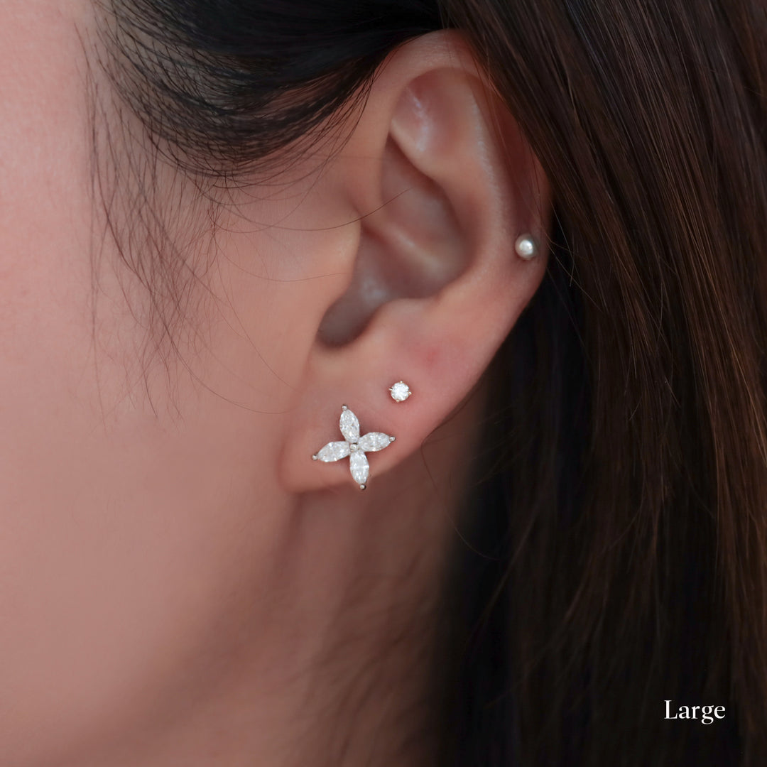 Marquise Cut 4 Diamonds Petal Flower 14K Solid Gold Earrings Studs - Medium / Large