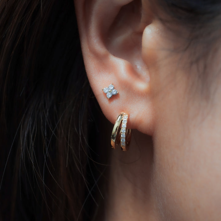 Double Arc with Lab Diamonds Accent Huggie Earrings – 14K Solid Gold Dual Hoop