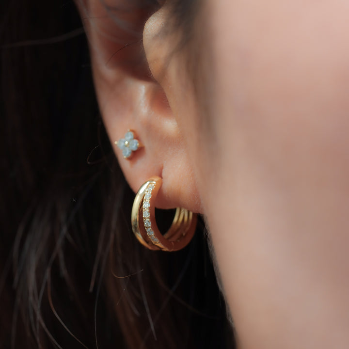 Double Arc with Lab Diamonds Accent Huggie Earrings – 14K Solid Gold Dual Hoop