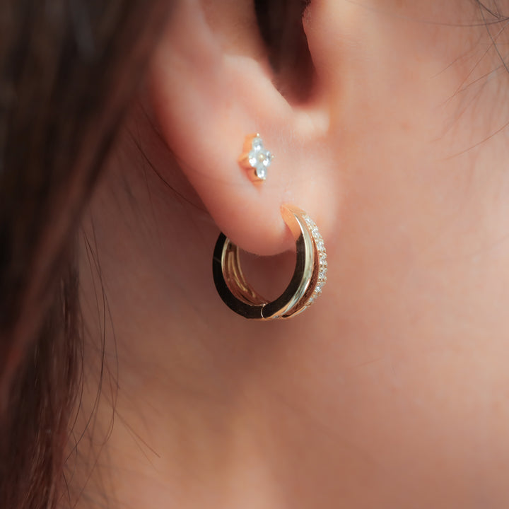 Double Arc with Lab Diamonds Accent Huggie Earrings – 14K Solid Gold Dual Hoop