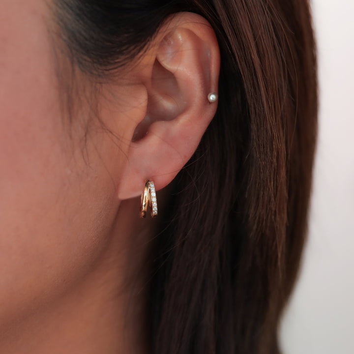 Double Arc with Lab Diamonds Accent Huggie Earrings – 14K Solid Gold Dual Hoop
