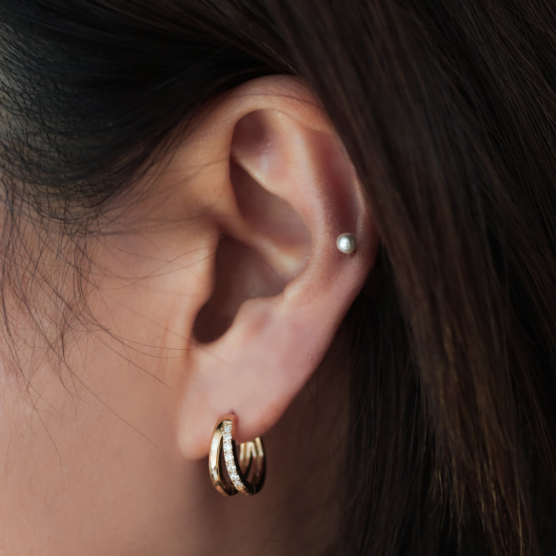 Double Arc with Lab Diamonds Accent Huggie Earrings – 14K Solid Gold Dual Hoop